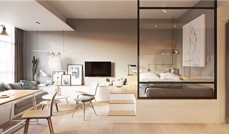 Studio hiện đại sử dụng gam màu be - nâu