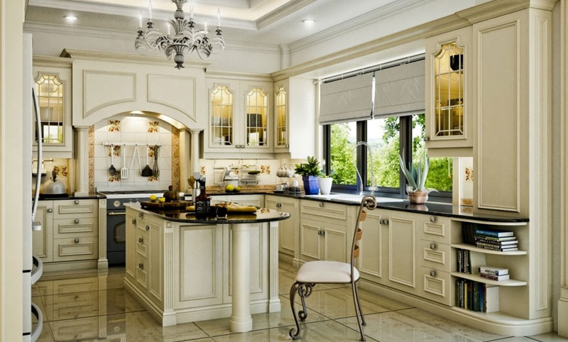 Sử dụng gỗ sơn trắng sang trọng cho không gian bếp đi kèm kệ sách độc đáo