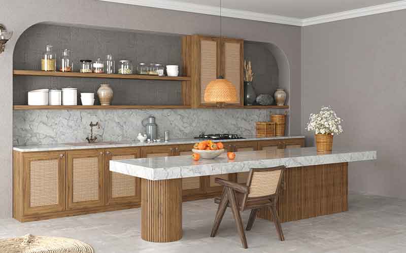 Tận dụng hoa tiết mây đan vàng ấm và mặt đá thạch anh hút mắt