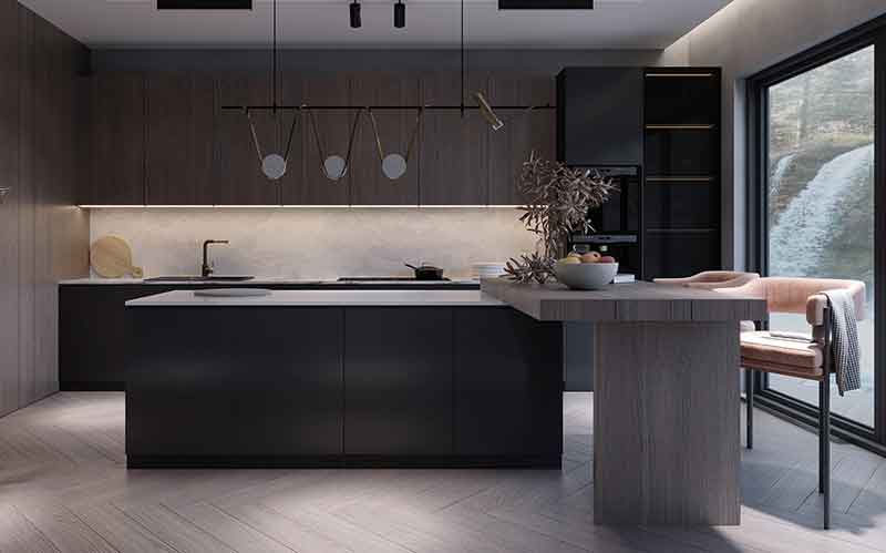 Không gian bếp với bàn đảo hình chữ L kết hợp 2 dạng chất liệu độc đáo