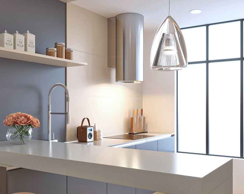 Không gian bếp tối giản với các tủ bếp được sắp xếp ở dưới mặt đất