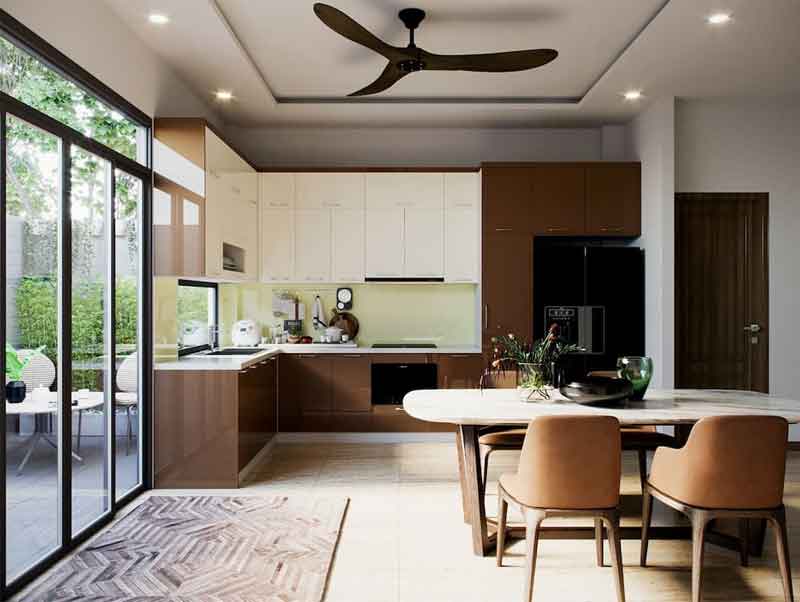 Thiết kế bếp chữ L sang trọng với các thiết bị điện hiện đại