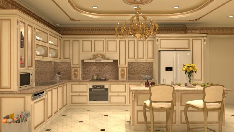 Phòng bếp lắp đặt đèn chùm dáng cổ