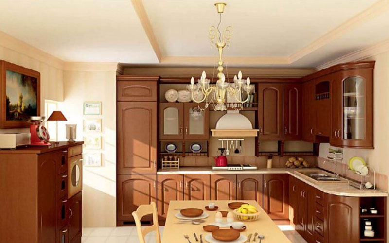 Không gian bếp kèm đèn chùm thiết kế hình ngọn lửa