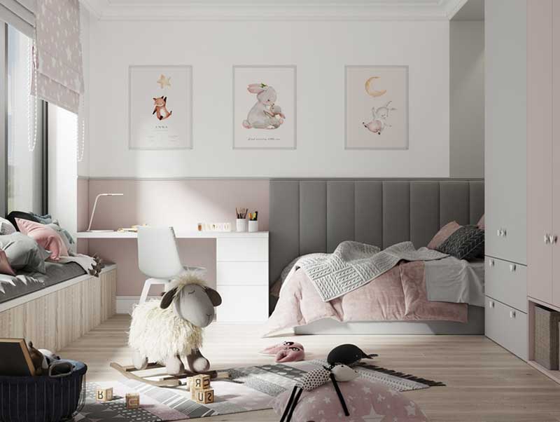 Phòng ngủ với khung cửa sổ lớn cho phòng bé luôn tràn ngập ánh sáng. Và bé luôn được đón những bữa sáng đầy thơ mộng qua khung cửa sổ