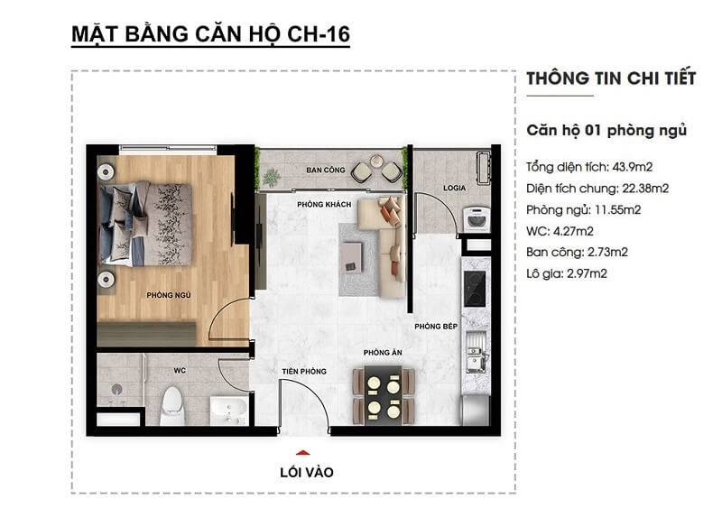 Mặt bằng công năng của căn hộ có một phòng ngủ