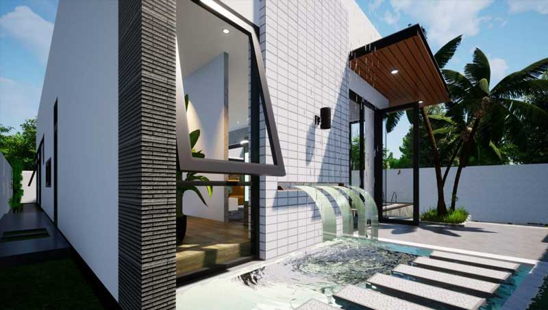 Bản vẽ 3D biệt thự có hồ bơi phía bên ngoài của dự án 4