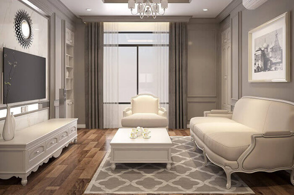 Phòng khách chung cư 80m2 theo phong cách cổ điển gam trầm