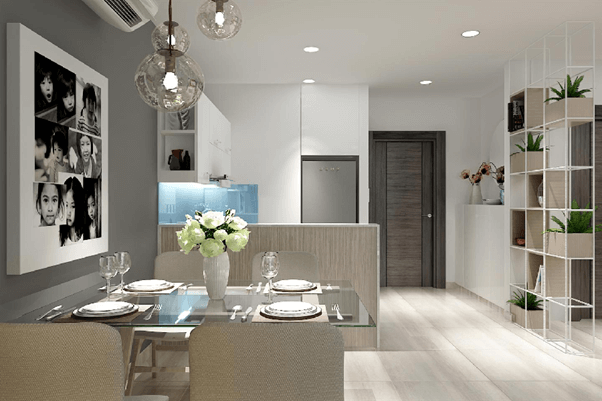 Thiết kế phòng khách đơn giản với tranh treo tường.
