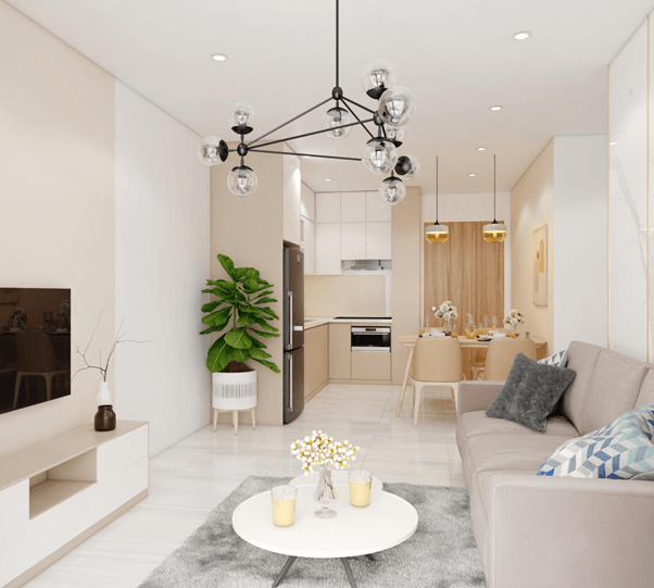 Phòng khách căn hộ chung cư trang trí với thảm lót và sofa sáng màu