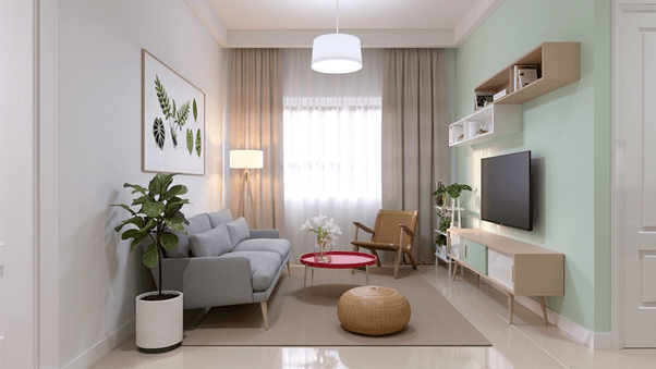 Phòng khách thiết kế cùng kệ treo tường tiện nghi