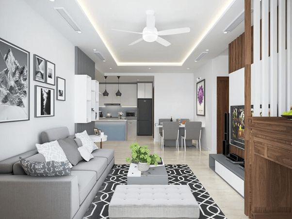 Phòng khách căn hộ chung cư với tone xám