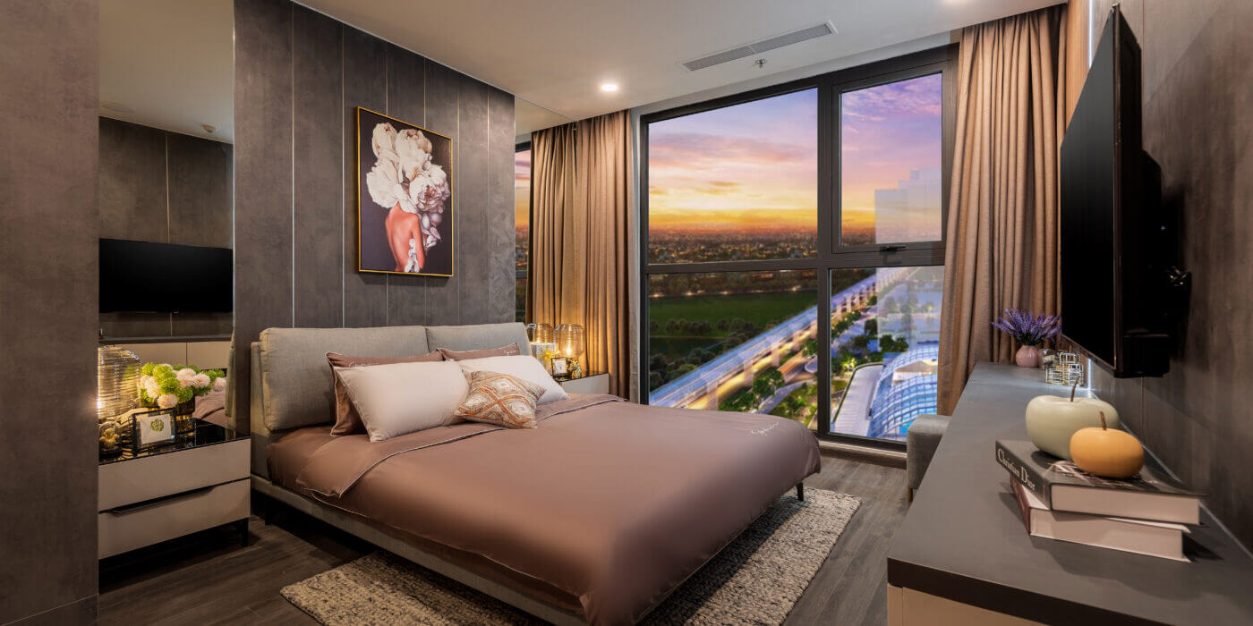 Một phòng ngủ có một view nhìn ra toàn cảnh Vinhomes giúp cho gia chủ giải stress sau một ngày làm việc