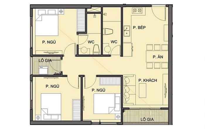 Một bản thiết kế của căn hộ 3 phòng ngủ