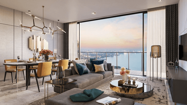 Phòng khách rộng với tầm view triệu đô.