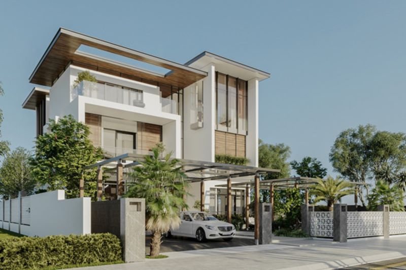 Mẫu biệt thự 3 tầng hiện đại, tinh tế và bình dị với chất liệu gỗ trên nền tường trắng