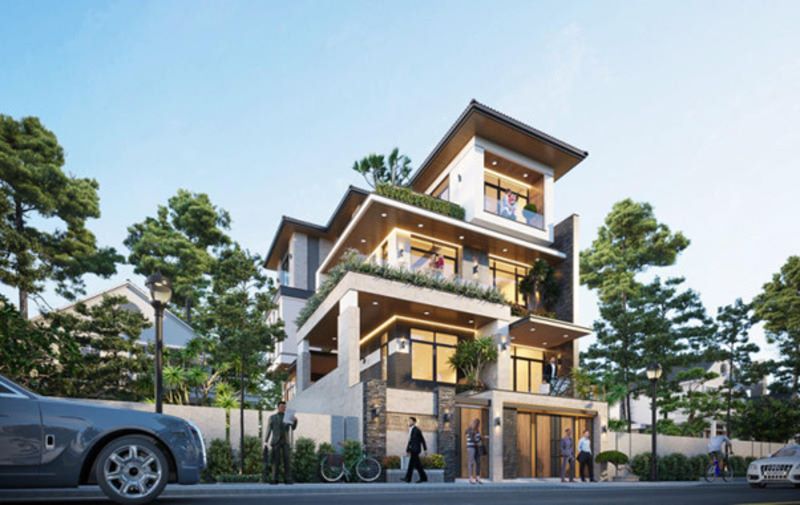 Mẫu biệt thự 4 tầng phong cách mái Nhật